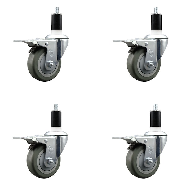 3.5'' Gray Poly Swivel 1-3/8'' Expanding Stem Caster Set Total Lock Brake, 4PK